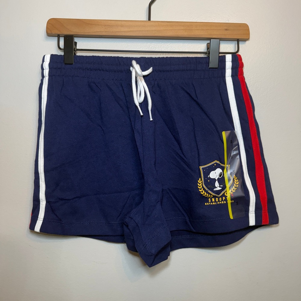 Peanuts Snoopy Graphic Shorts Navy Blue Red White Side Stripe Women's Small NWT